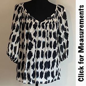 LOFT blouse cream, black blue with split v-neck, small, animal print size small